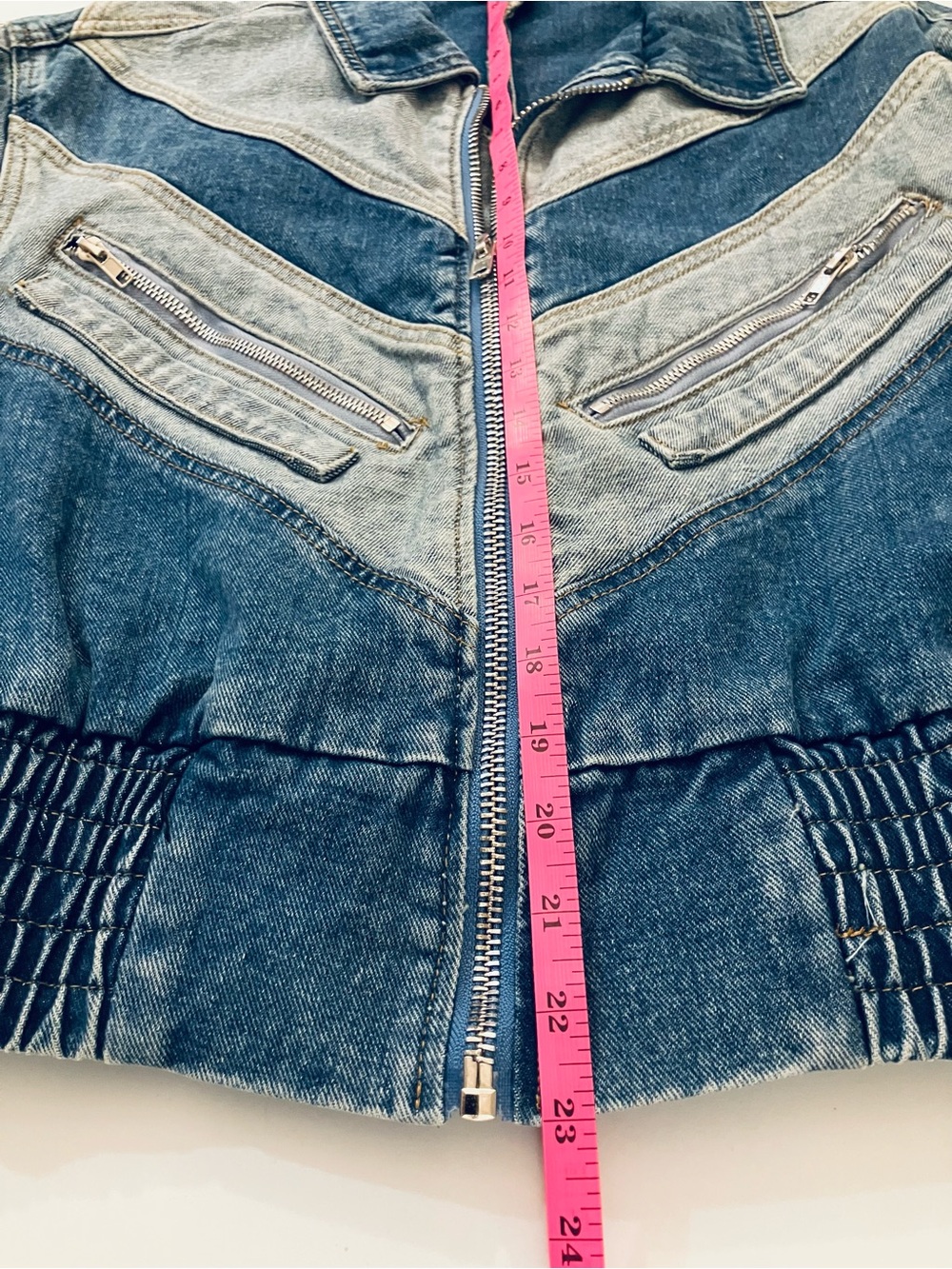 Nasty Gal Chevron Patchwork Denim Bomber Jean Jacket Medium - Picture 8 of 10